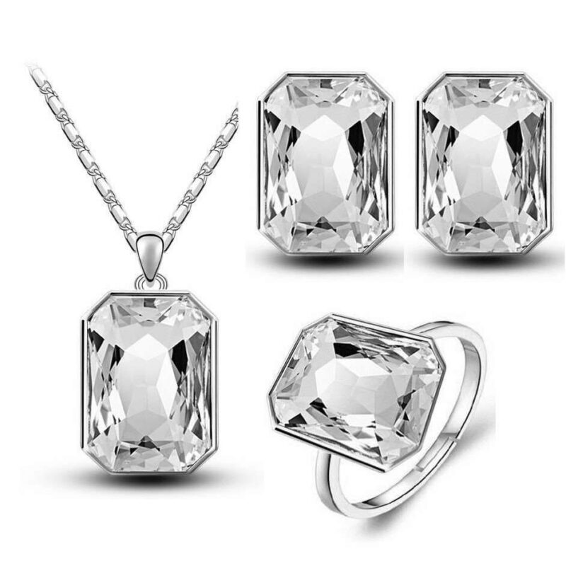 18K White Gold Plated Austrian Big Crystal and Rhinestone JewelrySet M01173