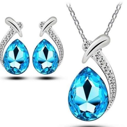 18K White Gold Plated Austrian Crystal Drop Ocean Blue Jewelry Set M01039