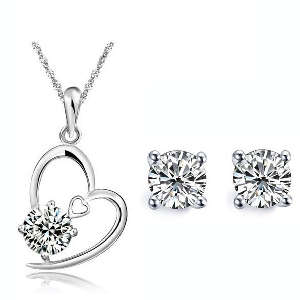 18K White Gold Plated Zircon Heart Jewelry Set M00976