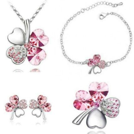 925 Silver Plated 4 Leaf Pink Jewelry Set M02196