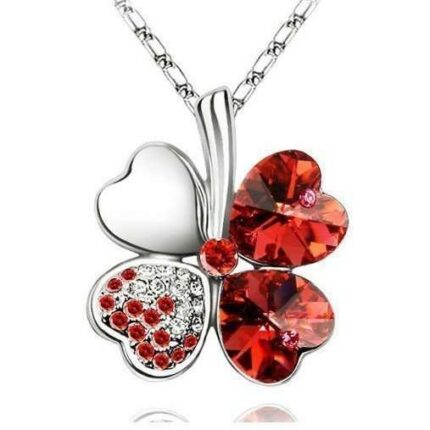 925 Silver Plated 4 Leaf Red Necklace M02211