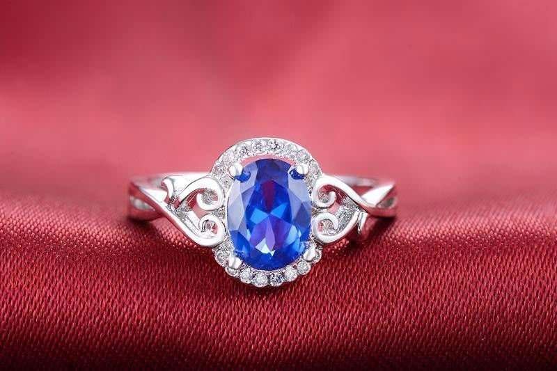 925 Silver Plated Austrian Crystal Blue Ring M01714