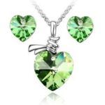 Platinum Plated Swarovski Elements Green Rhinestone Necklace and Earrings M00291