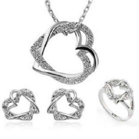 Platinum Plated Swarovski Elements Heart Jewelry Set M00519 1 Platinum Plated Swarovski Elements Heart Jewelry Set M00519