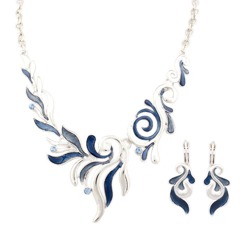 Rhodium Plated Alloy Nickle Free Enamel Blue Jewelry Set M00410