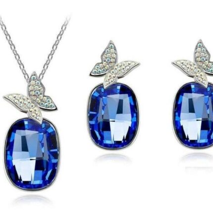 Rhodium Plated Austrian Element Crystal Butterfly Blue Pretty Jewlery Set M00613