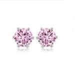 Rhodium Plated Round Cubic Zircon Stud Pink Earrings M01278