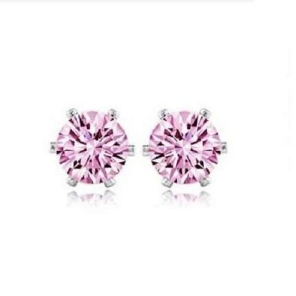 Rhodium Plated Round Cubic Zircon Stud Pink Earrings M01278