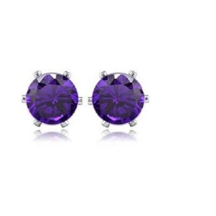 Rhodium Plated Round Cubic Zircon Stud Purple Earrings M01277