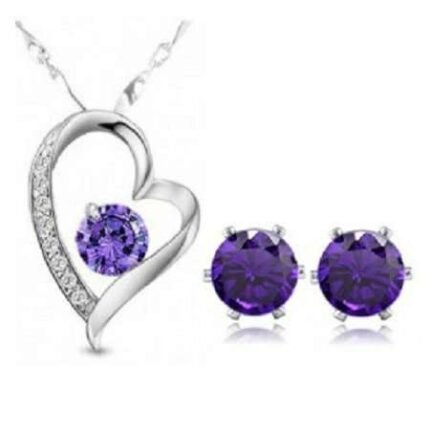 Rhodium Plated Swarovski Elements Heart Purple Jewelry Set M00533