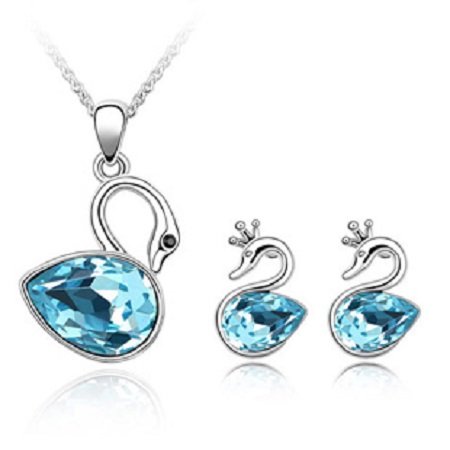 Rhodium Plated Swarovski Elements Ocean Blue Swan Jewelry Set M00538 1 Rhodium Plated Swarovski Elements Ocean Blue Swan Jewelry Set M00538