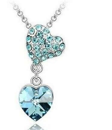 Swarovski Crystal Necklace Heart and Heart Ocean Blue Color M00172