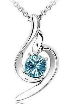 White Gold Plated Blue Angel Wing Swarovski Elements Crystal Heart Pendant M00136