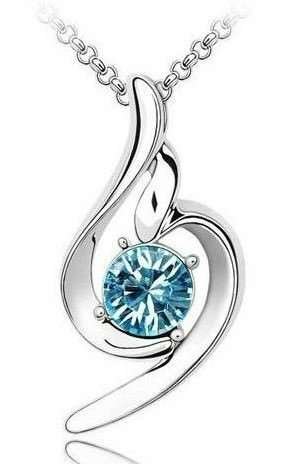 White Gold Plated Blue Angel Wing Swarovski Elements Crystal Heart Pendant M00136