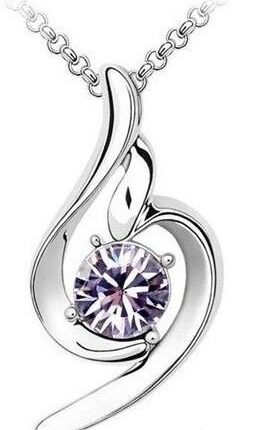 White Gold Plated Violet Angel Wing Swarovski Elements Crystal Heart Pendant M00139